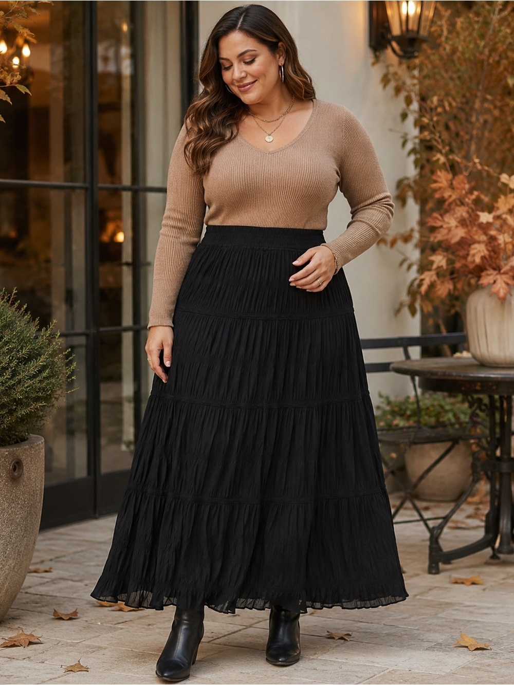 NWT Max Studio Size Small Black Tiered Crinkle Maxi Skirt Elastic Waist